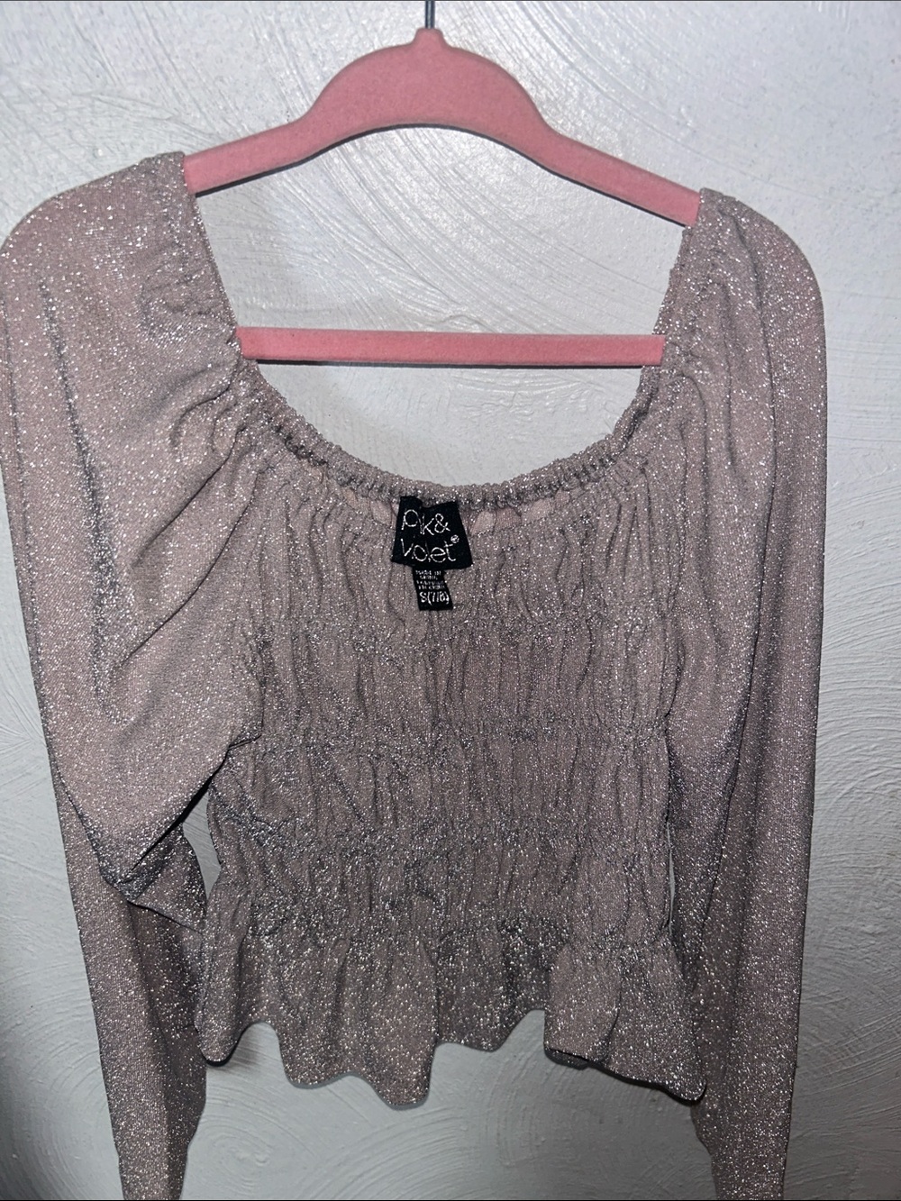 Velvet Shimmery Taupe Long-Sleeve Smocked Top